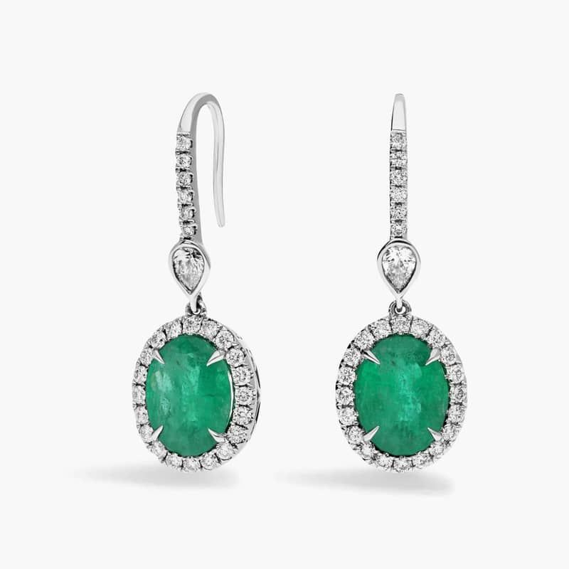 Oval Cut Emerald & Diamond Halo Drop Earrings with 0.5 CTW Mixed Shape Diamonds in 18K White Gold