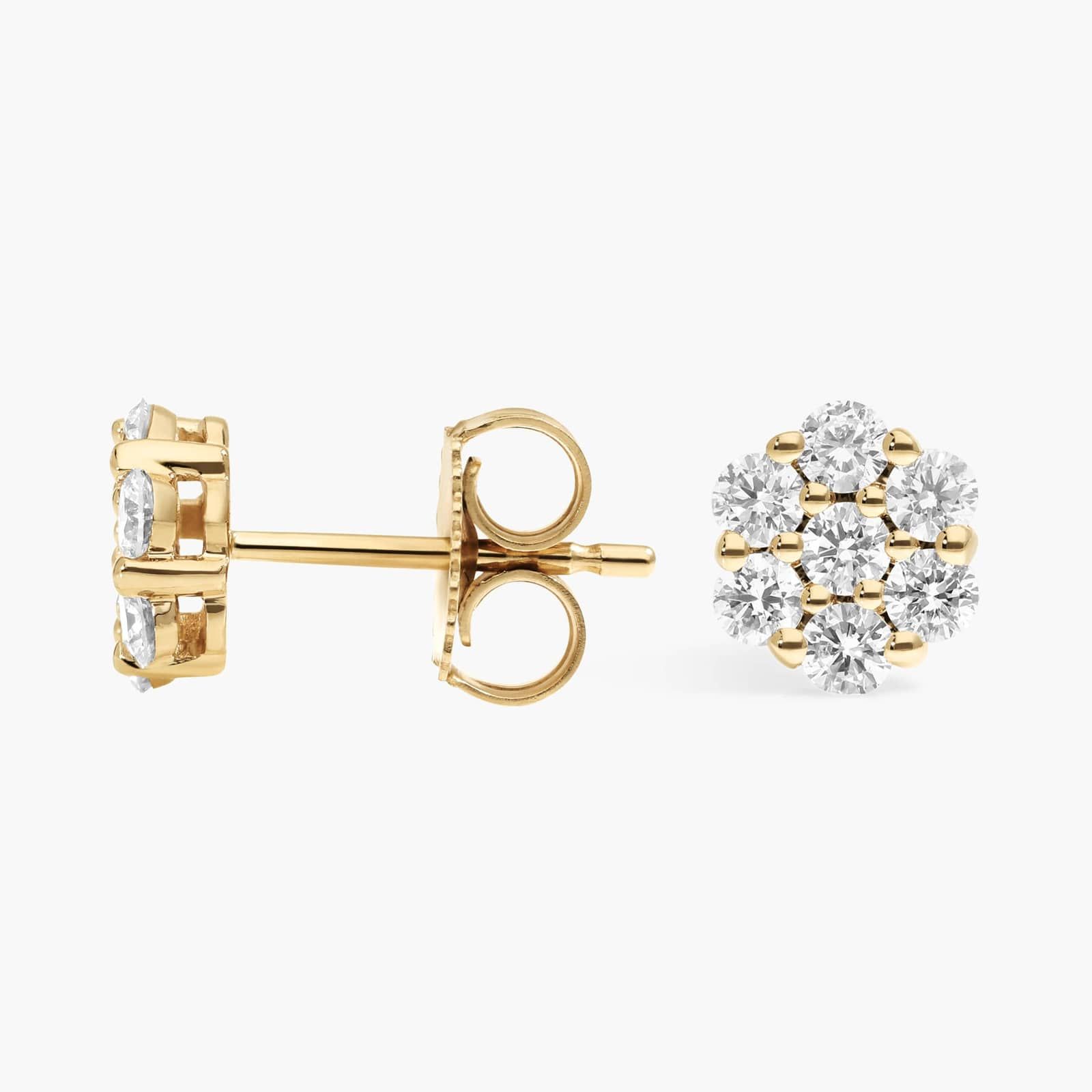 Cluster Diamond Stud Flower Earrings with 0.75 CTW Round Cut Lab-Grown Diamonds in 14K Yellow Gold