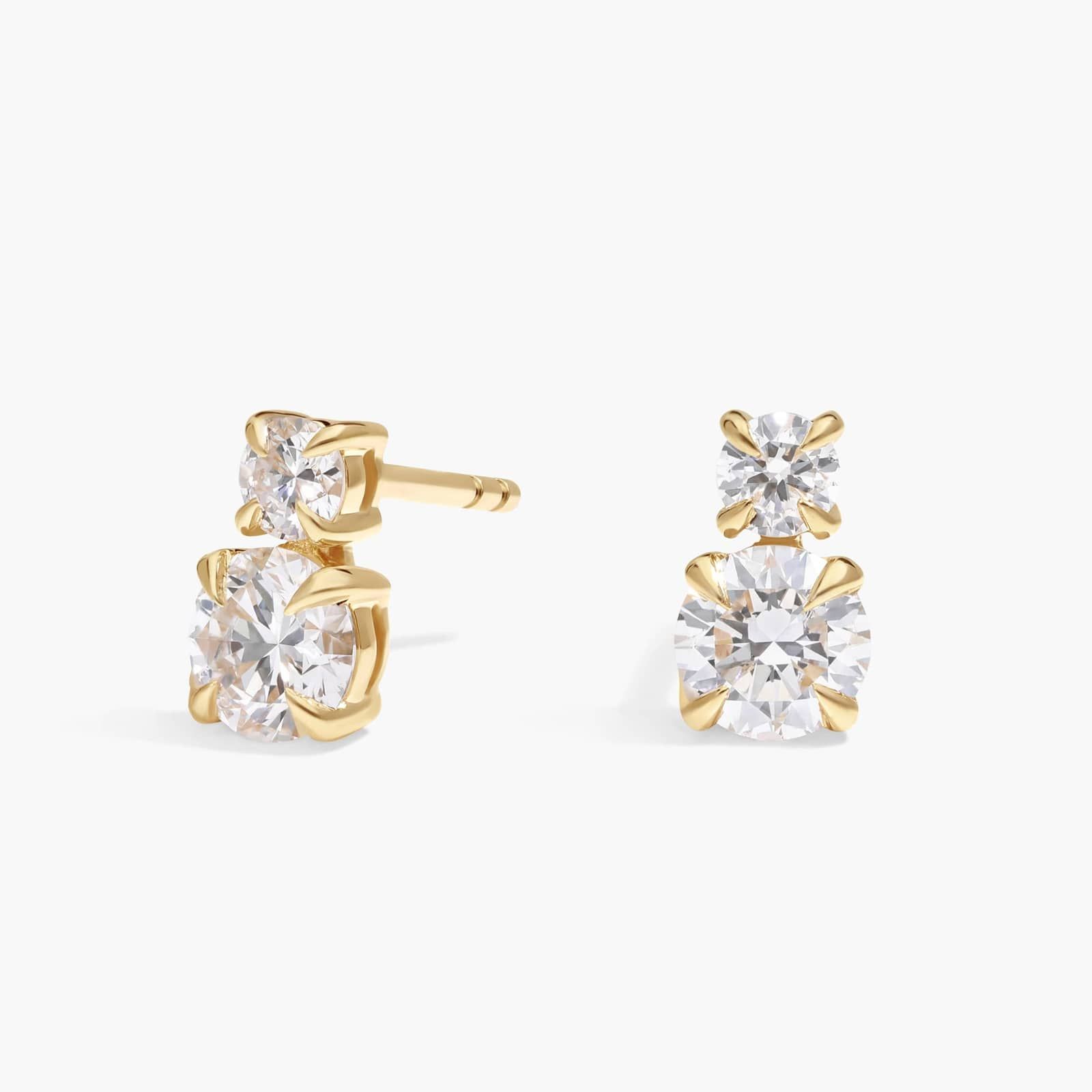 Two-Stone Diamond Stud Earrings with 1 CTW Round Cut Lab-Grown Diamonds in 14K Yellow Gold