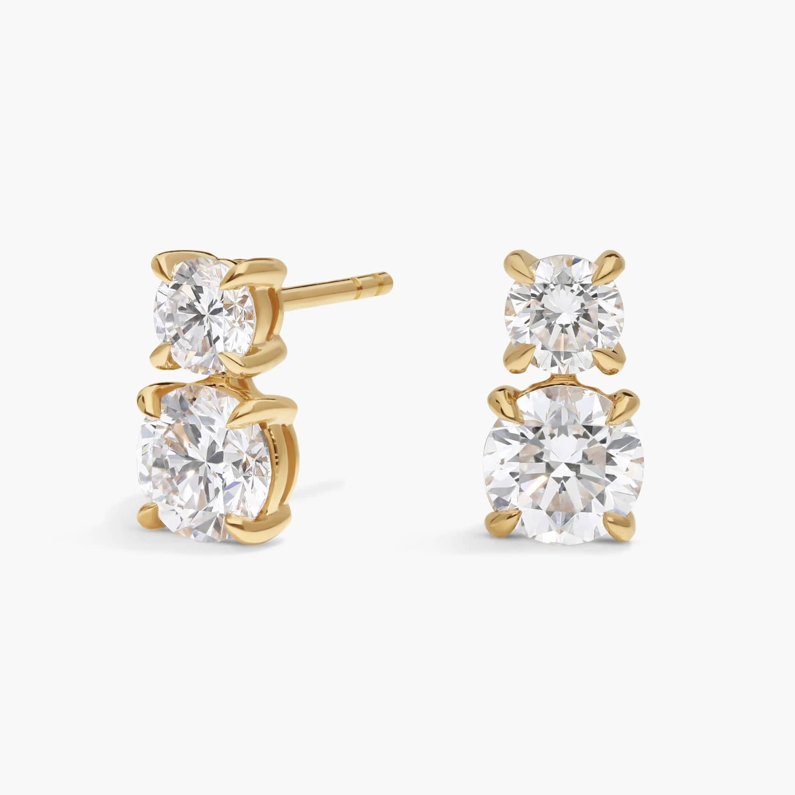 Two-Stone Diamond Stud Earrings with 2 CTW Round Cut Lab-Grown Diamonds in 14K Yellow Gold