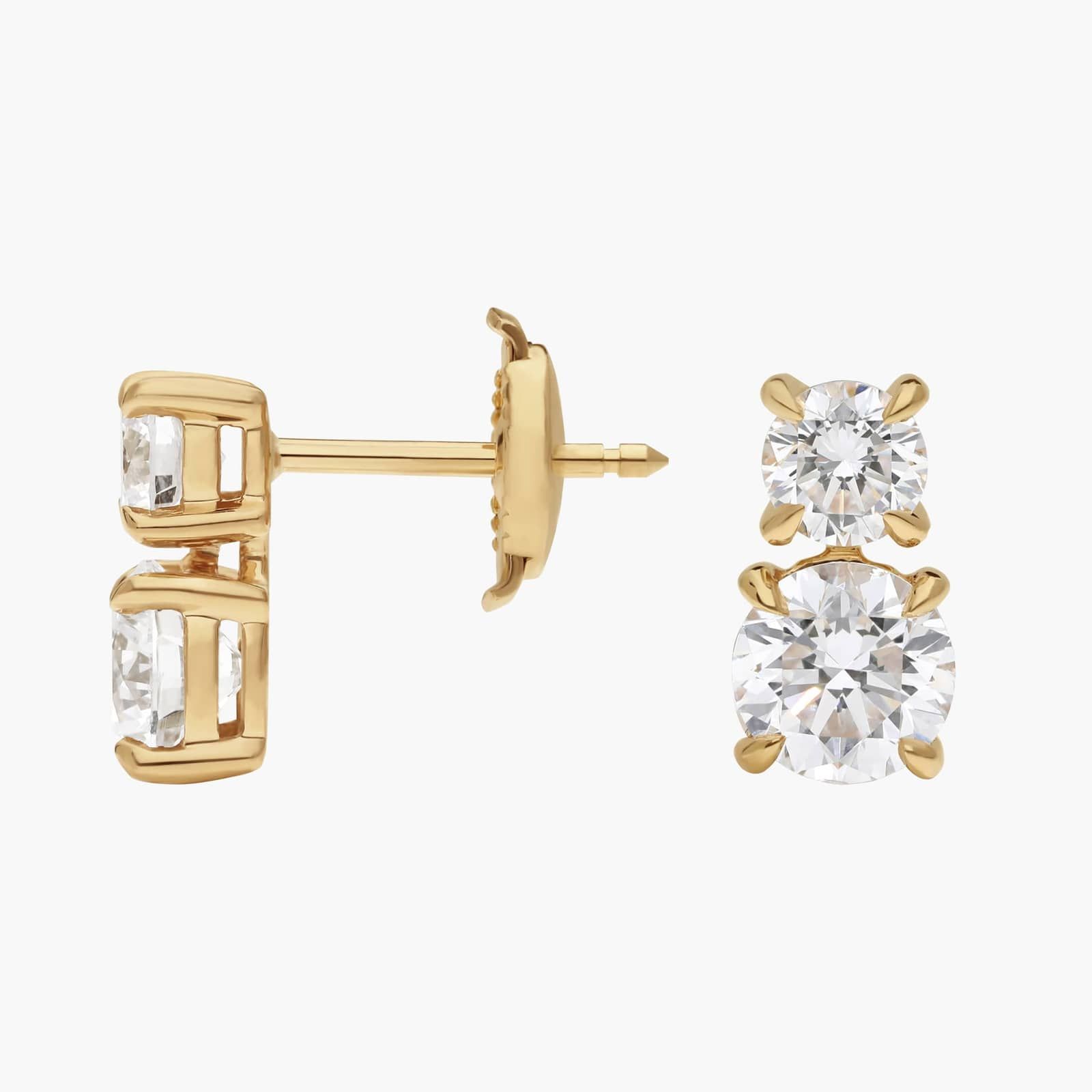 Two-Stone Diamond Stud Earrings with 2 CTW Round Cut Lab-Grown Diamonds in 14K Yellow Gold
