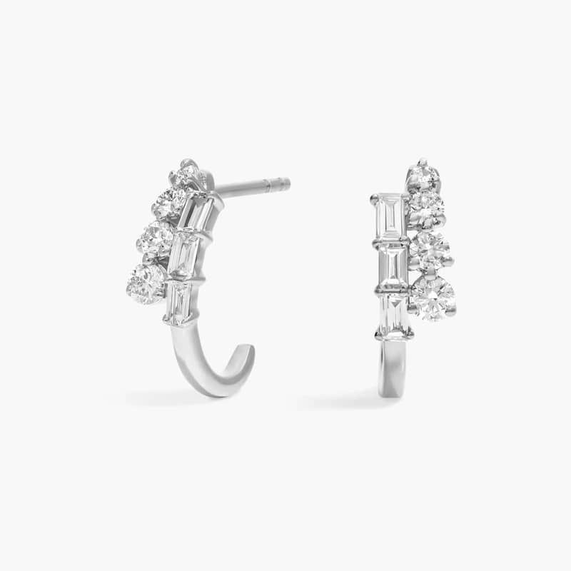 Diamond J Hoop Earrings with 0.5 CTW Baguette and Round Cut Lab-Grown Diamonds in 14K White Gold