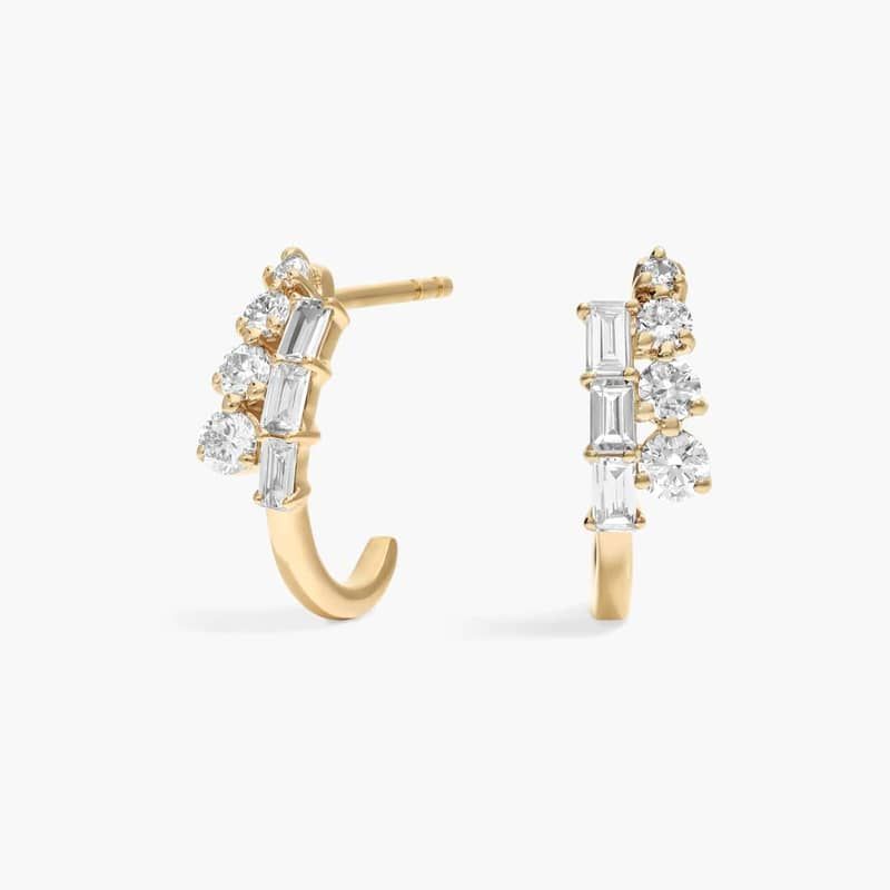 Diamond J Hoop Earrings with 0.5 CTW Baguette and Round Cut Lab-Grown Diamonds in 14K Yellow Gold