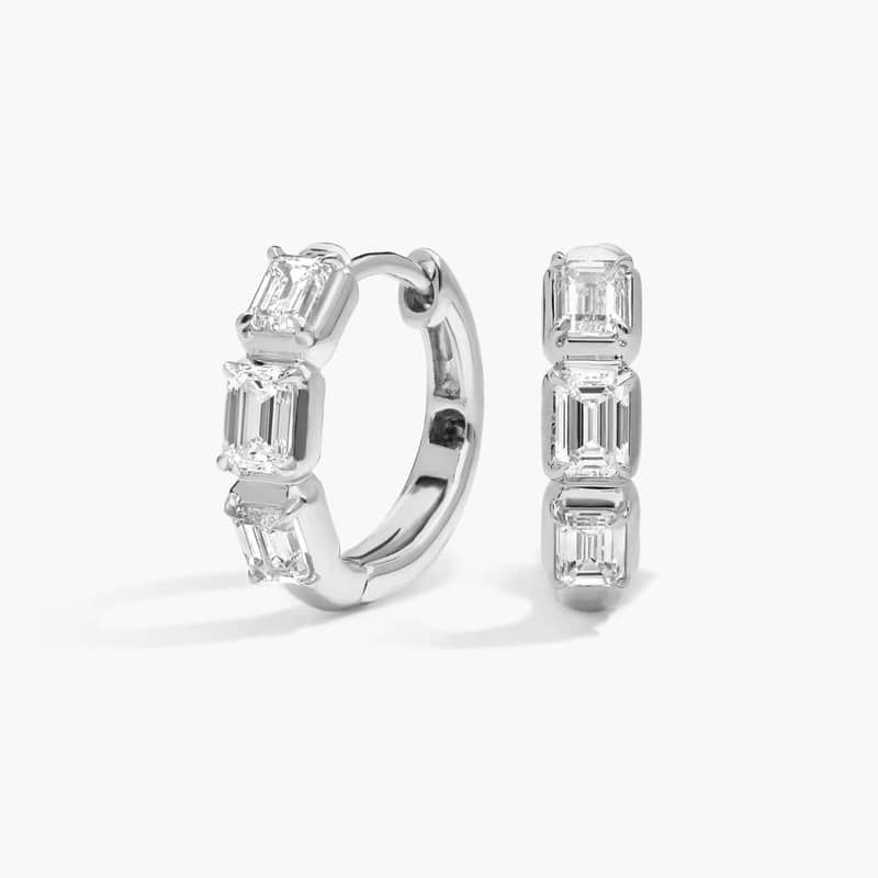 3 Stone Diamond Huggie Earrings with 1 CTW Emerald Cut Lab-Grown Diamonds in 14K White Gold