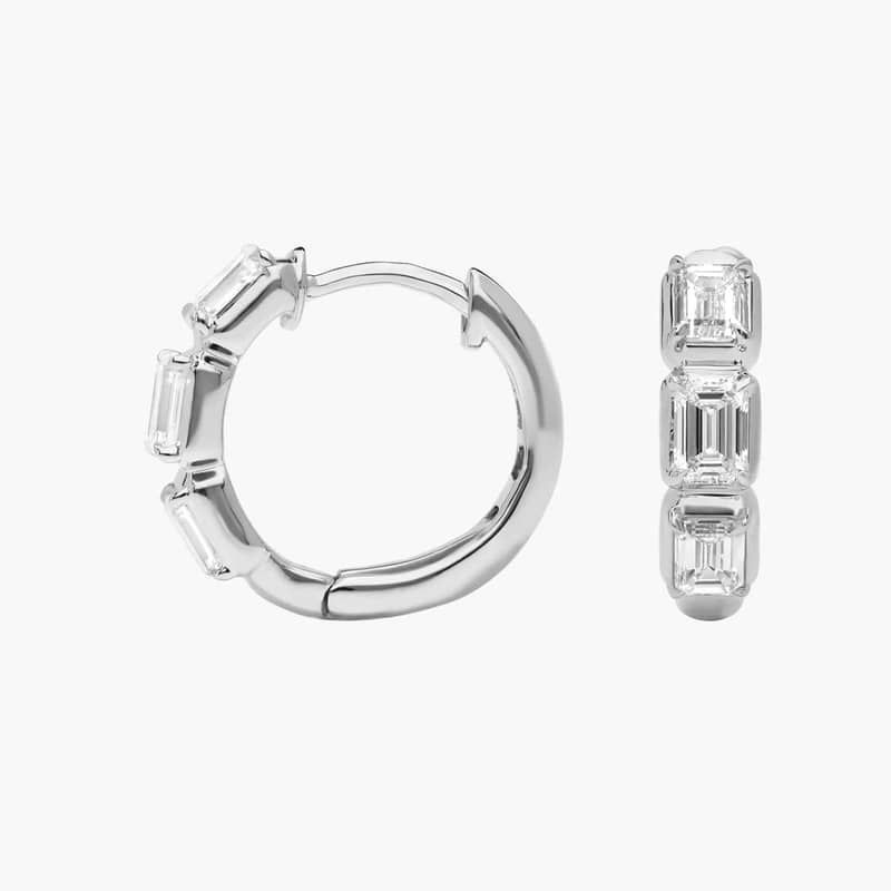 3 Stone Diamond Huggie Earrings with 1 CTW Emerald Cut Lab-Grown Diamonds in 14K White Gold