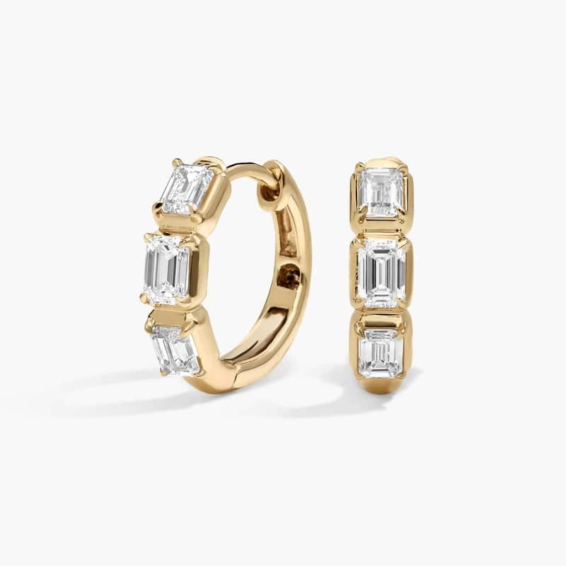 3 Stone Diamond Huggie Earrings with 1 CTW Emerald Cut Lab-Grown Diamonds in 14K Yellow Gold