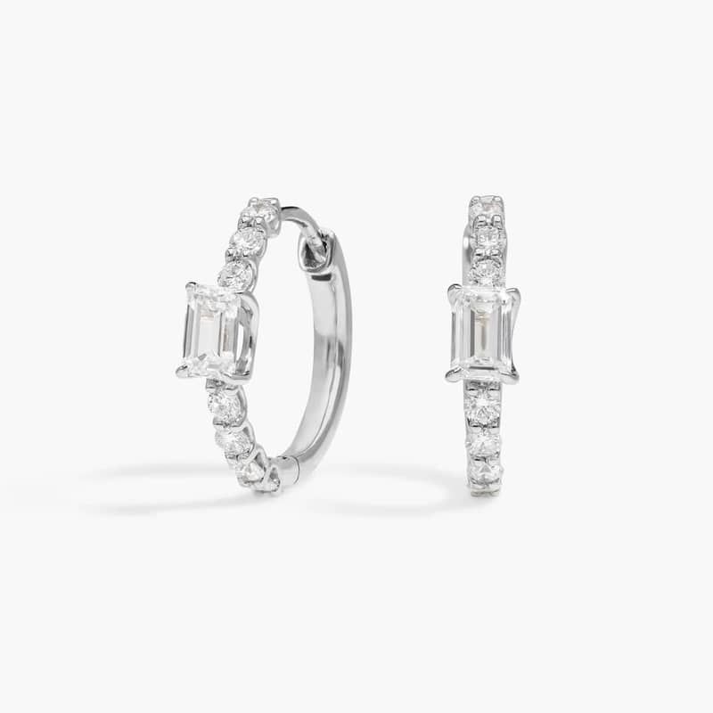 Emerald Cut Center Diamond Huggie Earrings with 1 CTW Round and Emerald Cut Lab-Grown Diamonds in 14K White Gold