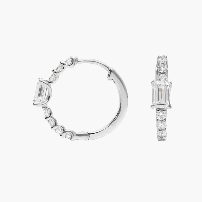 Emerald Cut Center Diamond Huggie Earrings with 1 CTW Round and Emerald Cut Lab-Grown Diamonds in 14K White Gold