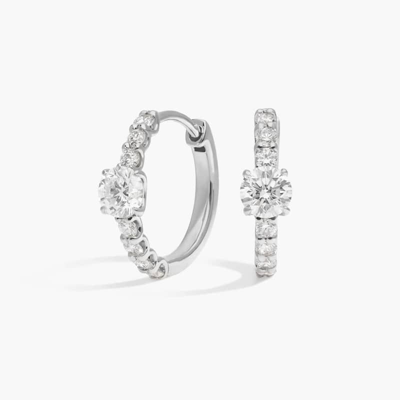 Center Diamond Huggie Earrings with 1 CTW Round Cut Diamonds in 14K White Gold