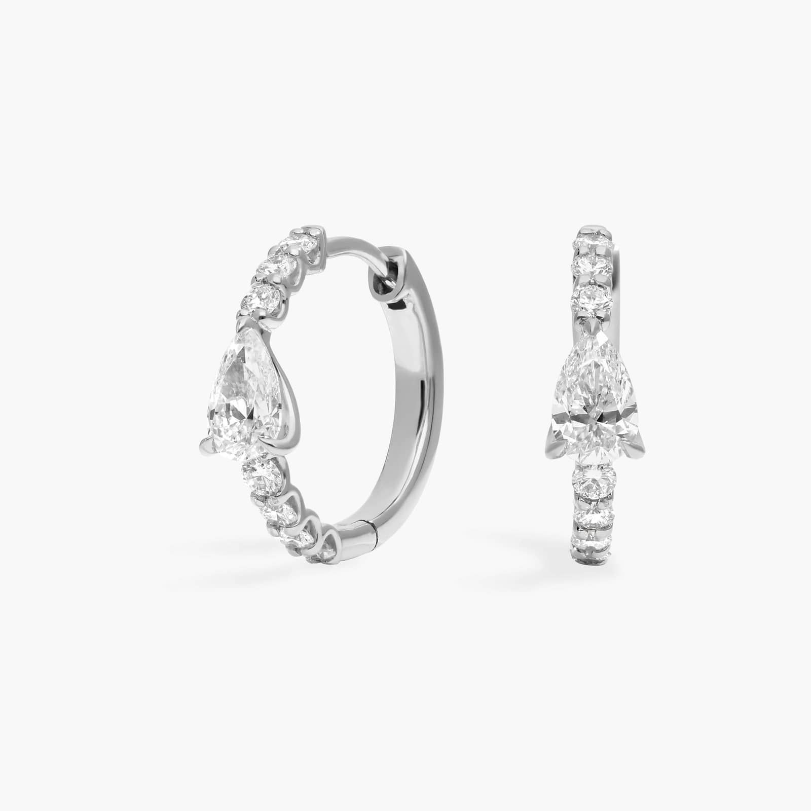 Pear Shaped Center Diamond Huggie Earrings with 1 CTW Round and Pear Shaped Lab-Grown Diamonds in 14K White Gold