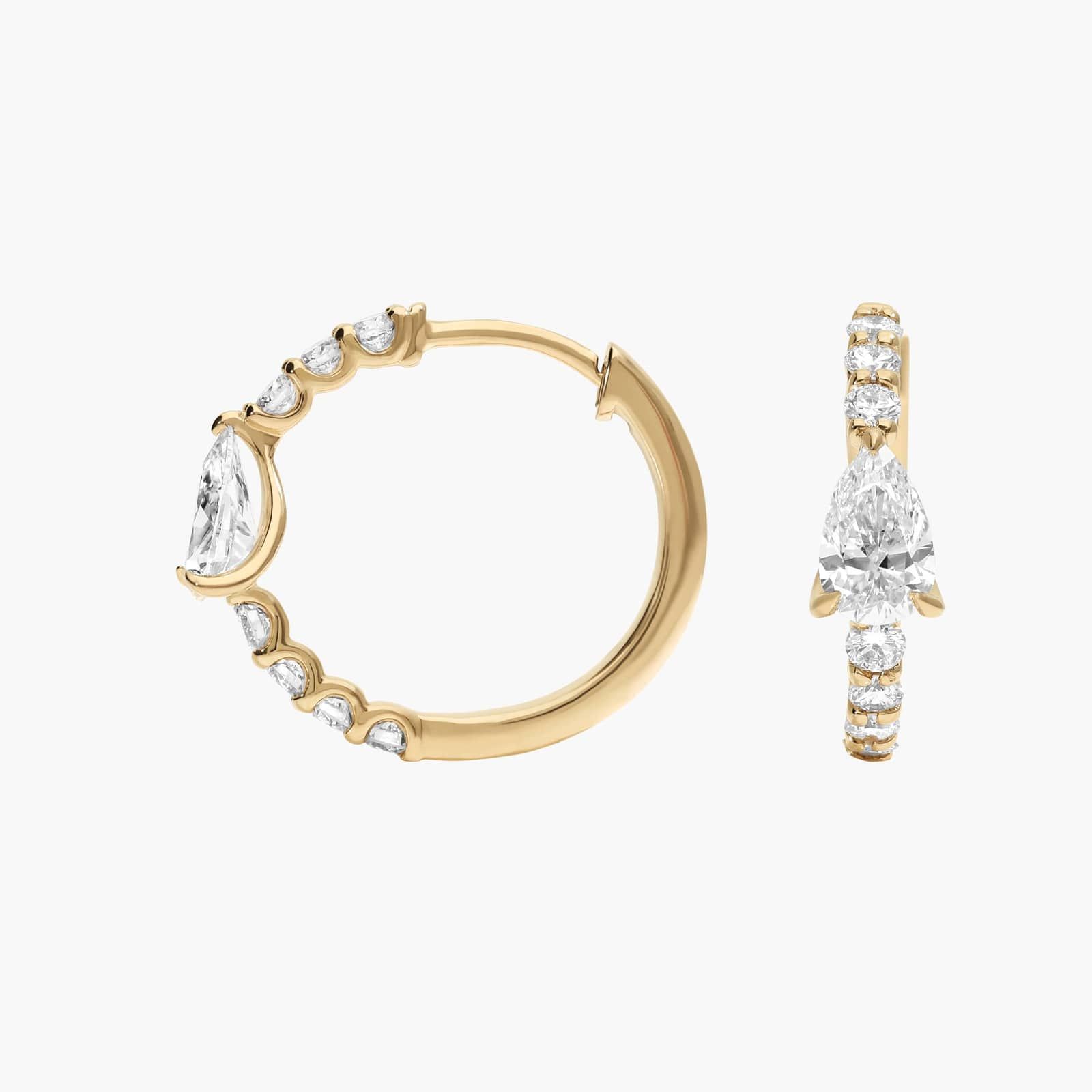 Pear Shaped Center Diamond Huggie Earrings with 1 CTW Round and Pear Shaped Lab-Grown Diamonds in 14K Yellow Gold