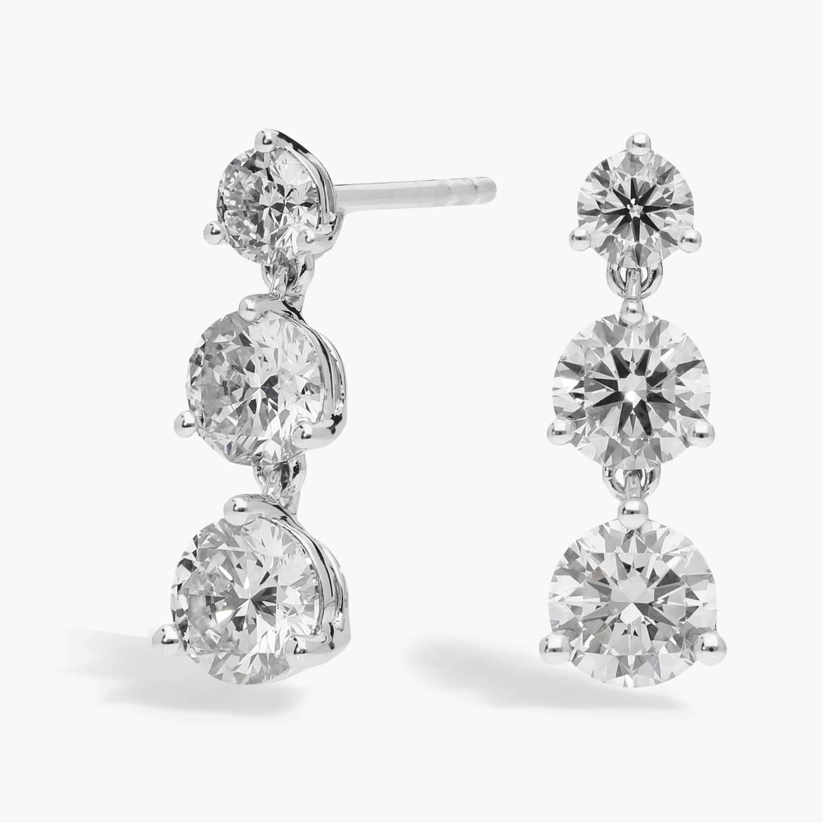 3 Diamond Drop Earrings with 2 CTW Round Cut Lab-Grown Diamonds in 14K White Gold