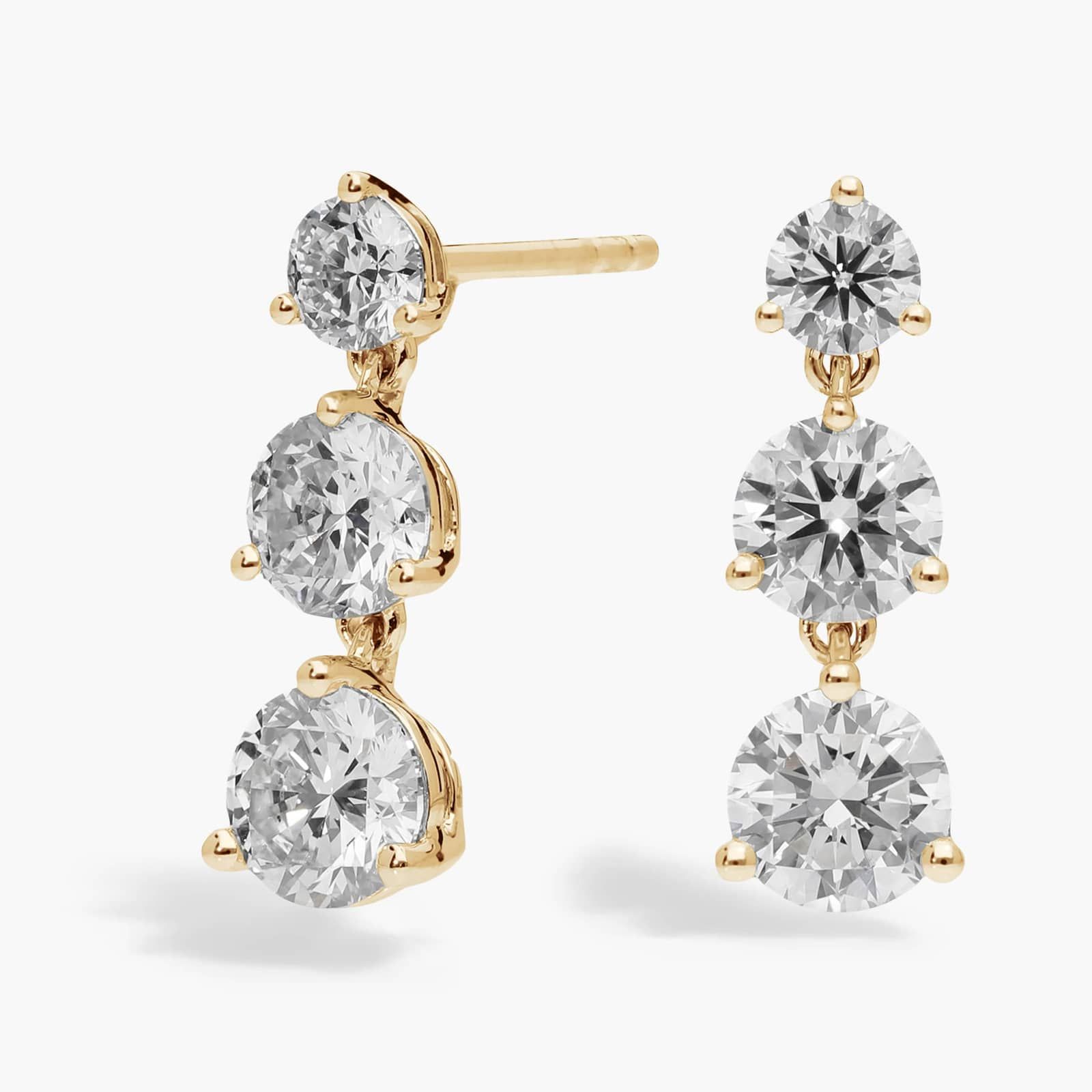 3 Diamond Drop Earrings with 2 CTW Round Cut Lab-Grown Diamonds in 14K Yellow Gold