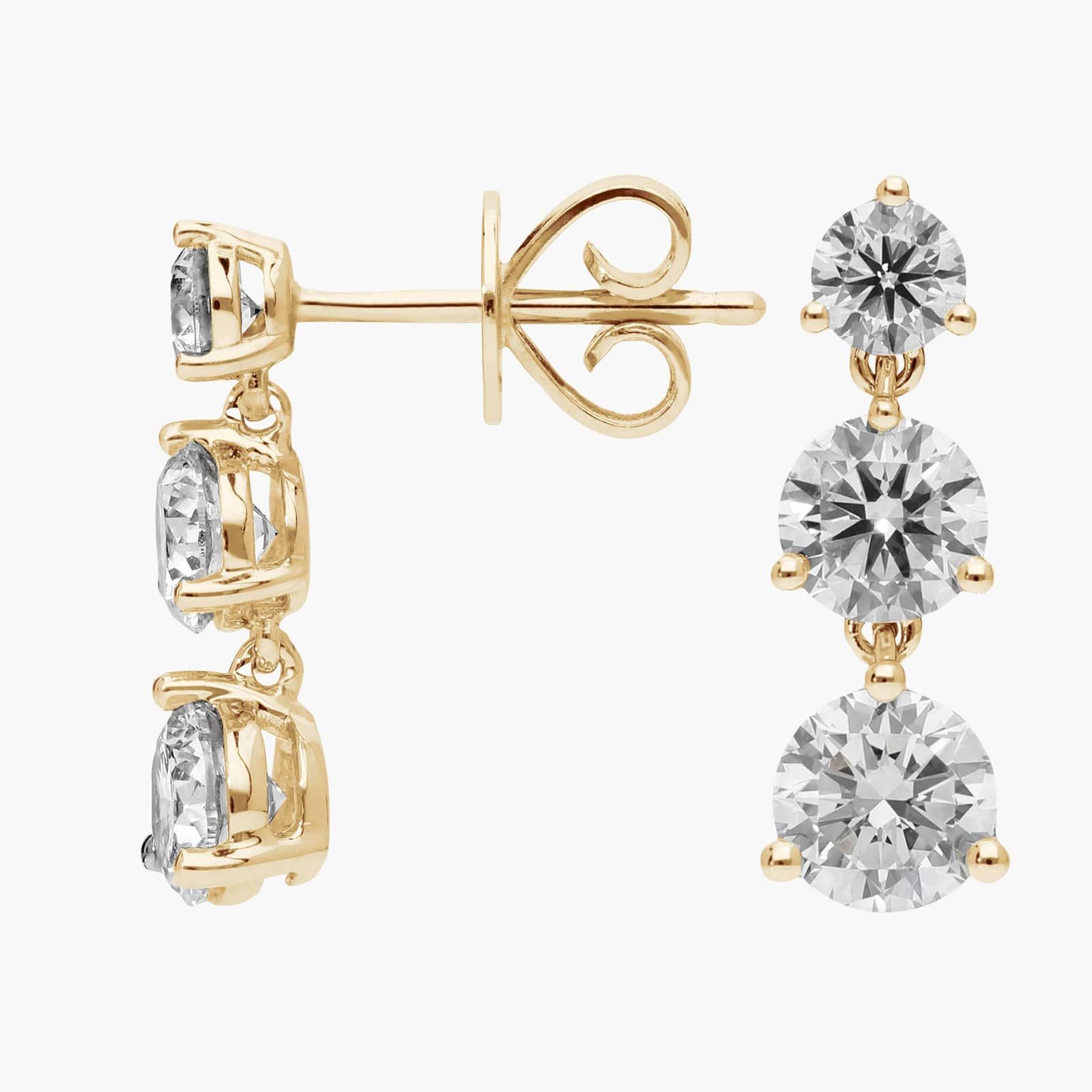 3 Diamond Drop Earrings with 2 CTW Round Cut Lab-Grown Diamonds in 14K Yellow Gold