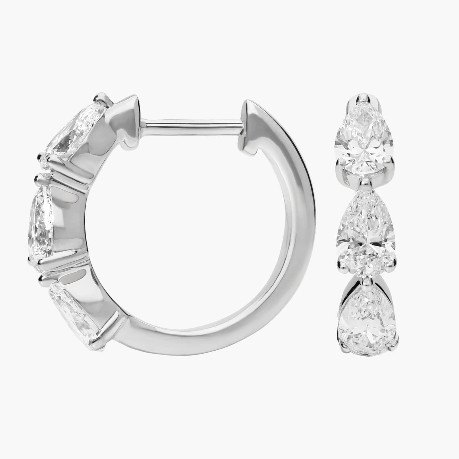 3 Stone Pear Shaped Diamond Hoop Earrings with 1.5 CTW Pear Shaped Lab-Grown Diamonds in 14K White Gold