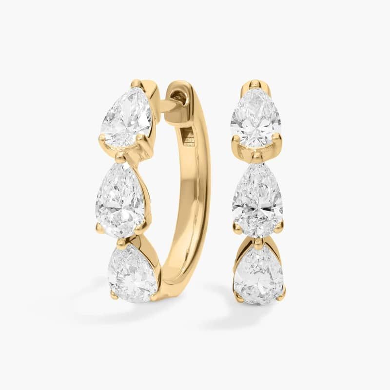 3 Stone Pear Shaped Diamond Hoop Earrings with 1.5 CTW Pear Shaped Lab-Grown Diamonds in 14K Yellow Gold