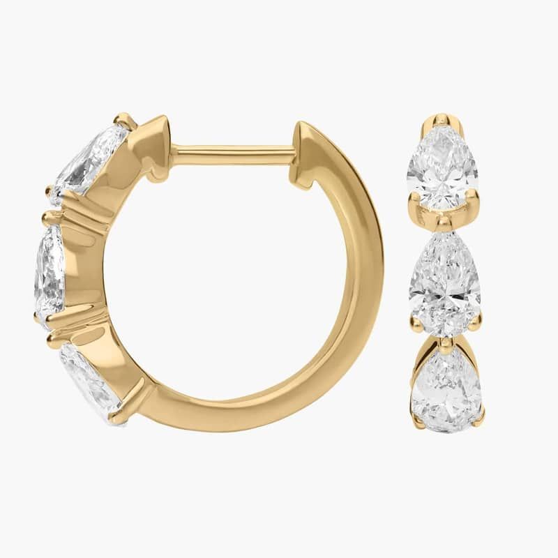 3 Stone Pear Shaped Diamond Hoop Earrings with 1.5 CTW Pear Shaped Lab-Grown Diamonds in 14K Yellow Gold