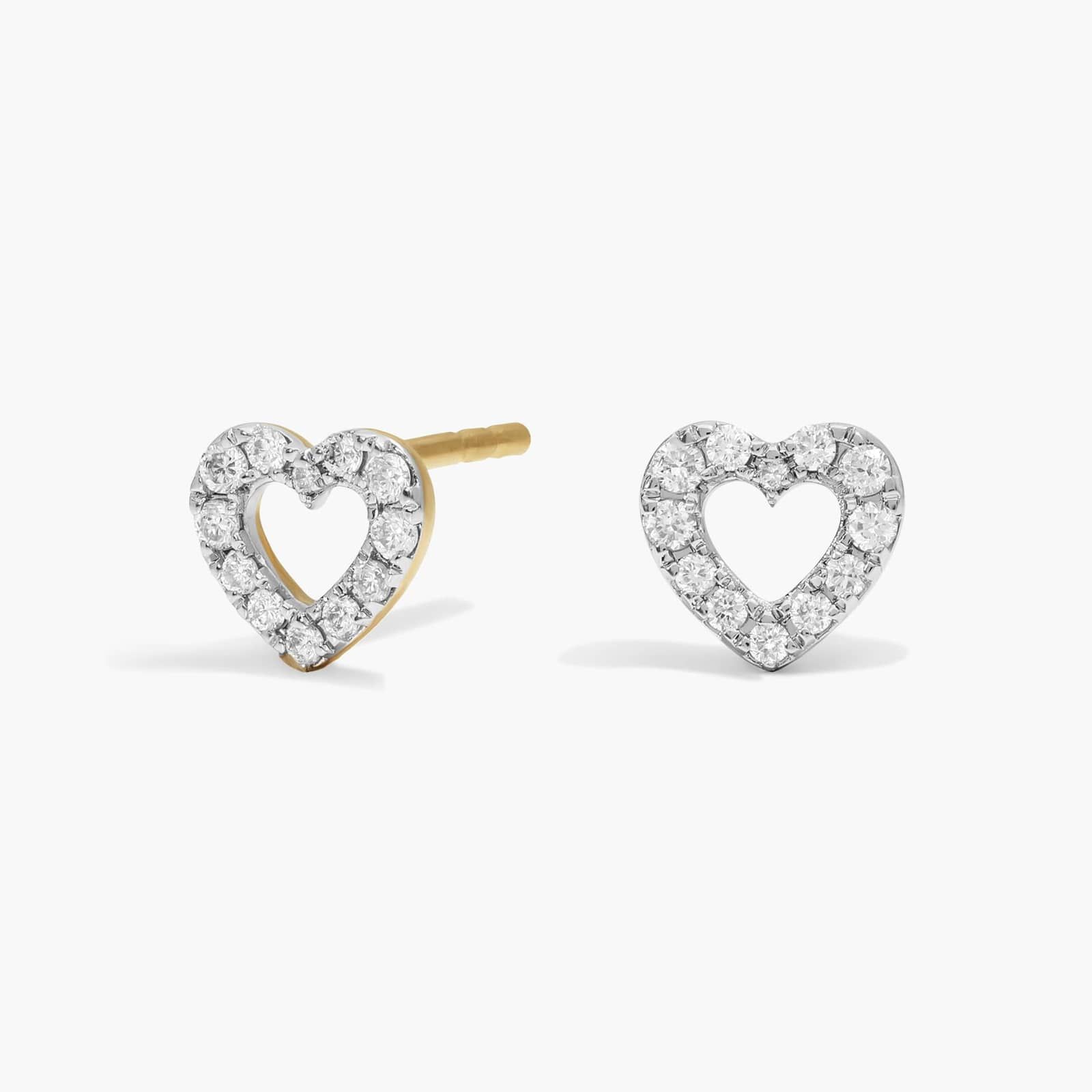 Two-Tone Diamond Heart Stud Earrings with 0.1 CTW Round Cut Diamonds in 14K White & Yellow Gold