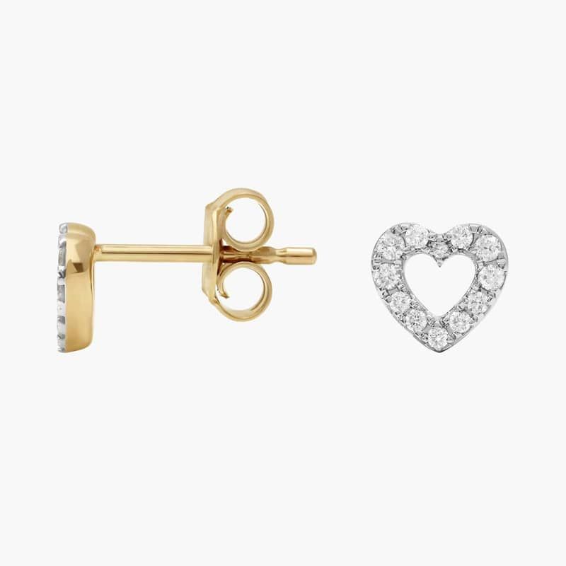 Two-Tone Diamond Heart Stud Earrings with 0.1 CTW Round Cut Diamonds in 14K White & Yellow Gold