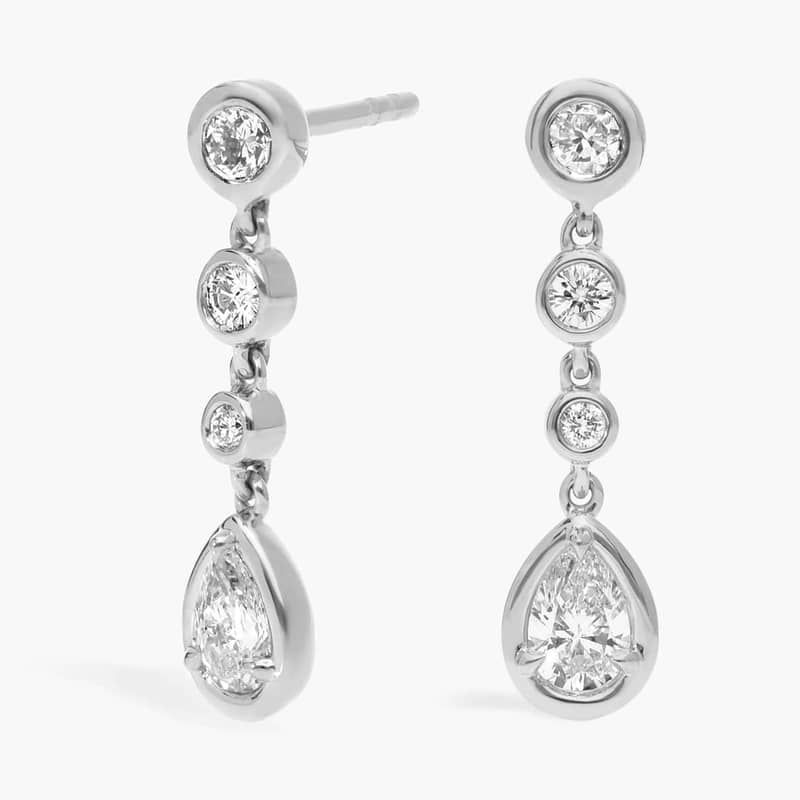 Diamond Drop Earrings with 0.5 CTW Round and Pear Shaped Lab-Grown Diamonds in 14K White Gold Bezel Setting