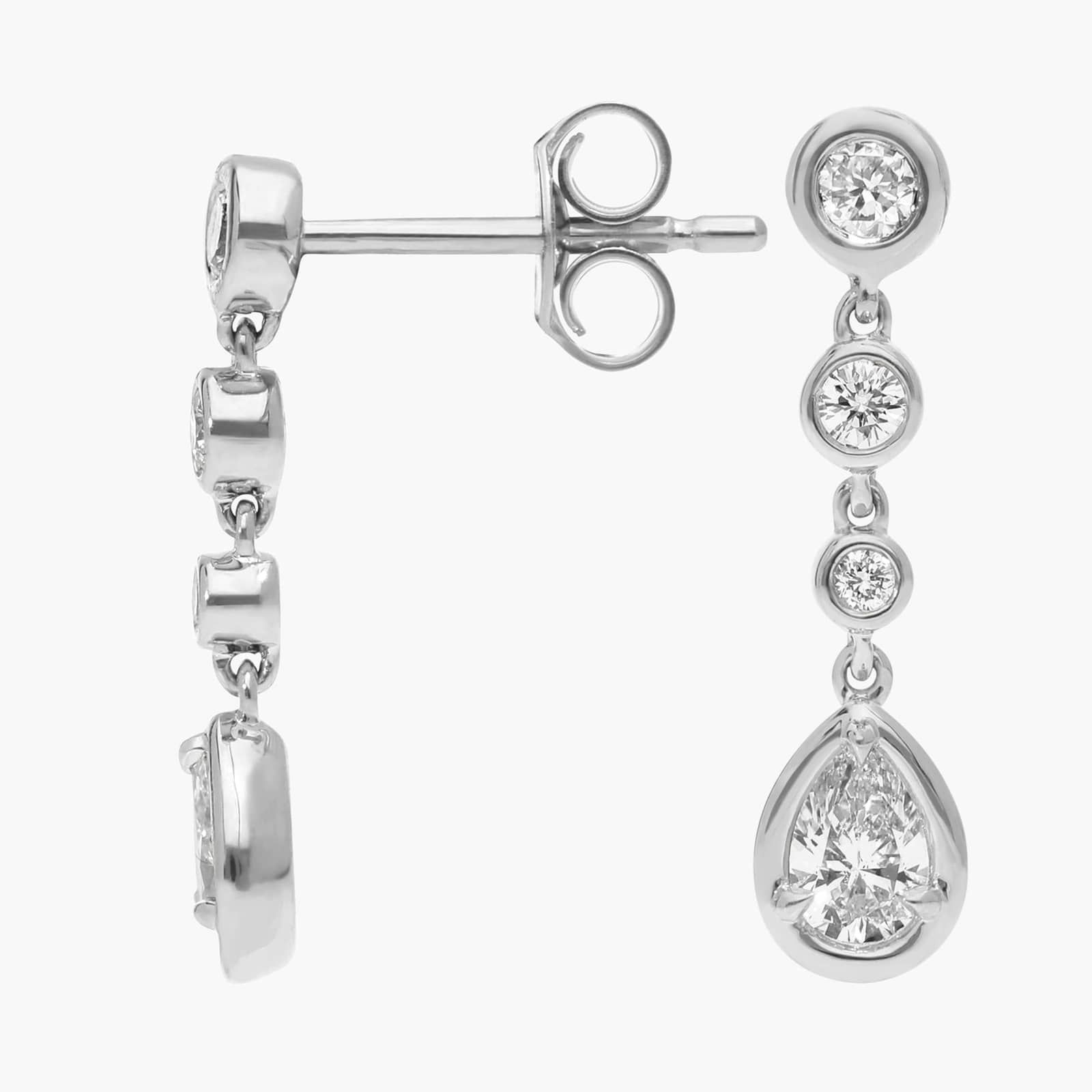 Diamond Drop Earrings with 0.5 CTW Round and Pear Shaped Lab-Grown Diamonds in 14K White Gold Bezel Setting