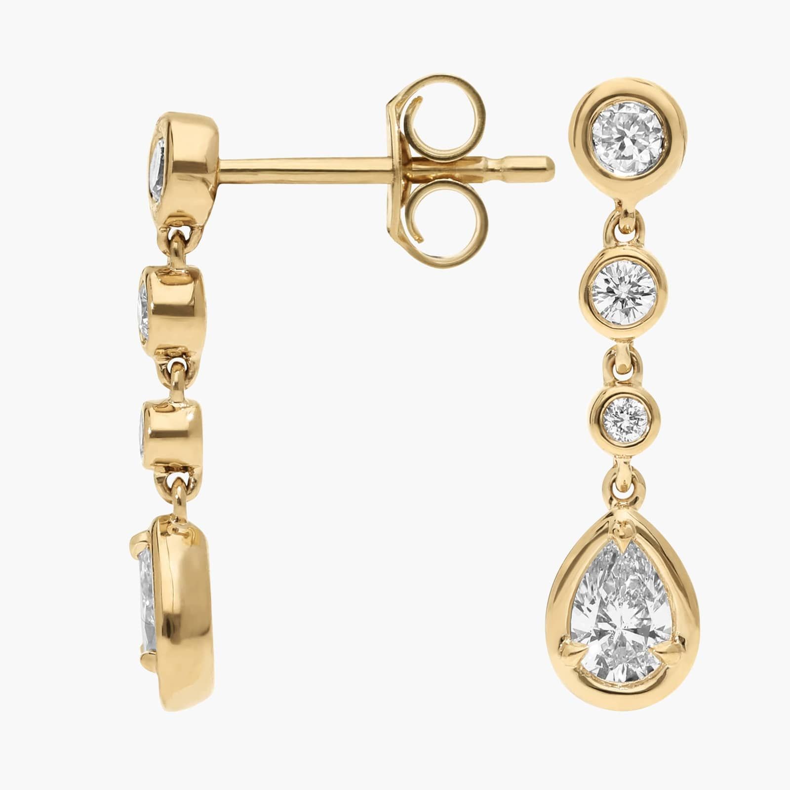 Diamond Drop Earrings with 0.5 CTW Round and Pear Shaped Lab-Grown Diamonds in 14K Yellow Gold Bezel Setting