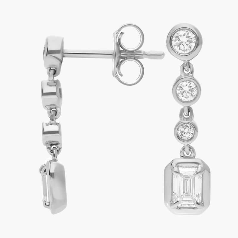 Diamond Drop Earrings with 0.5 CTW Round and Emerald Cut Lab-Grown Diamonds in 14K White Gold Bezel Setting