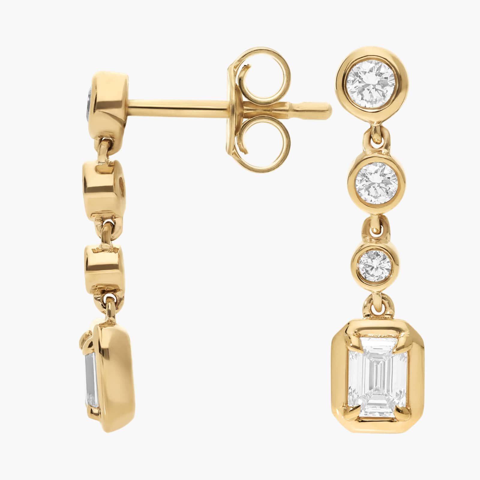 Diamond Drop Earrings with 0.5 CTW Round and Emerald Cut Lab-Grown Diamonds in 14K Yellow Gold Bezel Setting