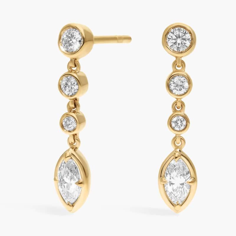 Diamond Drop Earrings with 0.5 CTW Round and Marquise Cut Lab-Grown Diamonds in 14K Yellow Gold Bezel Setting