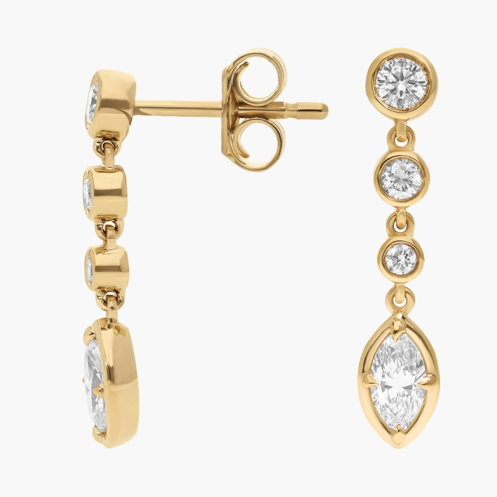 Diamond Drop Earrings with 0.5 CTW Round and Marquise Cut Lab-Grown Diamonds in 14K Yellow Gold Bezel Setting