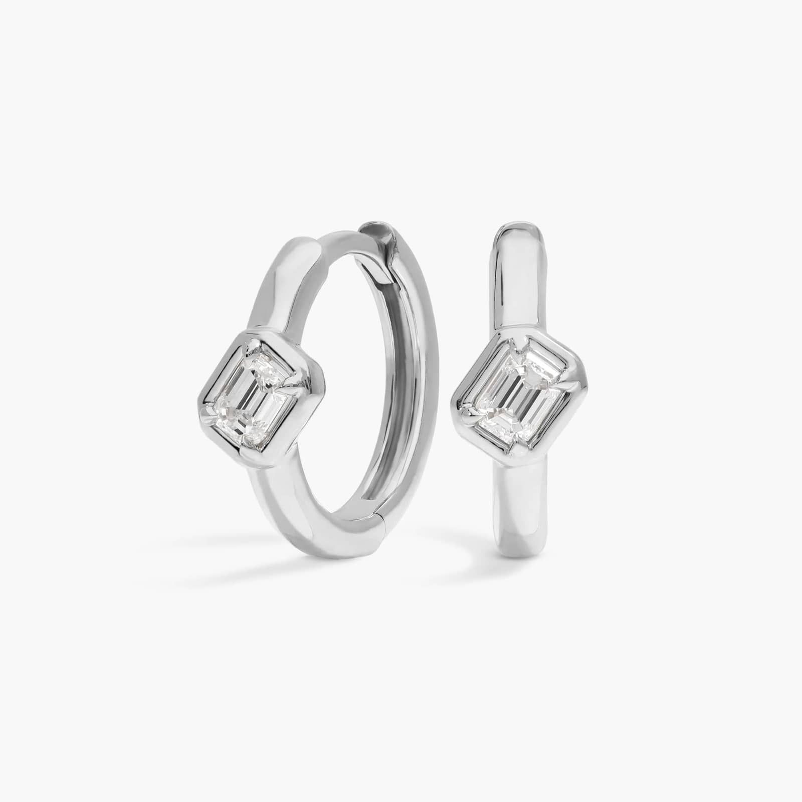 Diamond Hoop Earrings with 0.2 CTW Emerald Cut Lab-Grown Diamonds in 14K White Gold Bezel Setting
