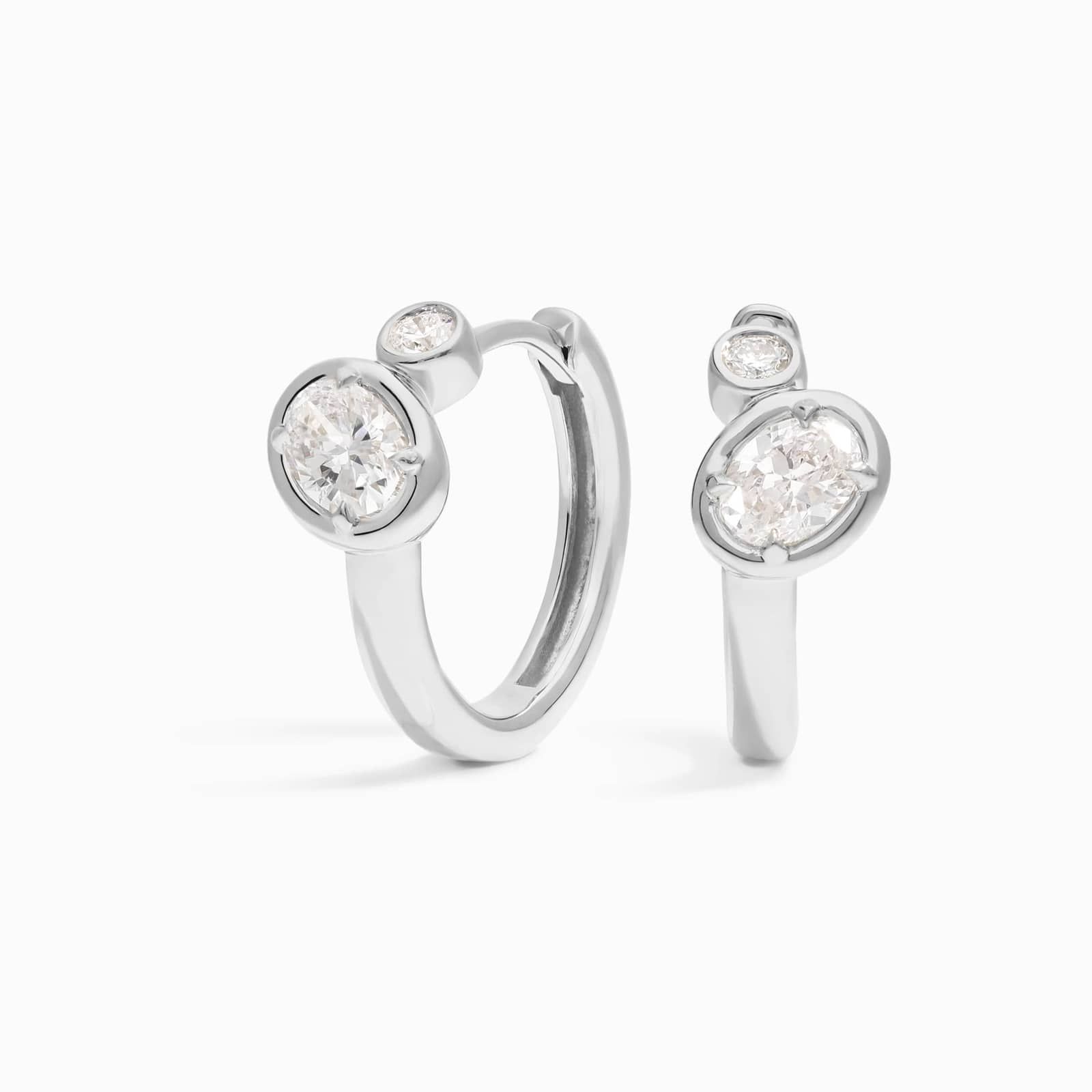Diamond Hoop Earrings with 0.3 CTW Oval and Round Cut Lab-Grown Diamonds in 14K White Gold Bezel Setting
