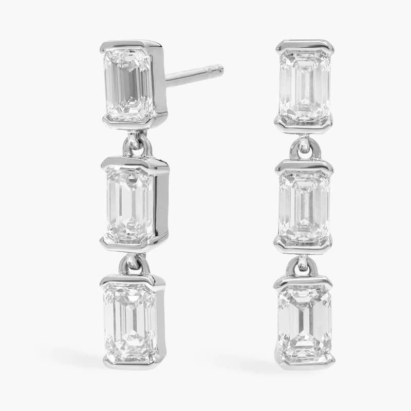 3 Stone Diamond Drop Earrings with 1.5 CTW Emerald Cut Lab-Grown Diamonds in 14K White Gold Bezel Setting