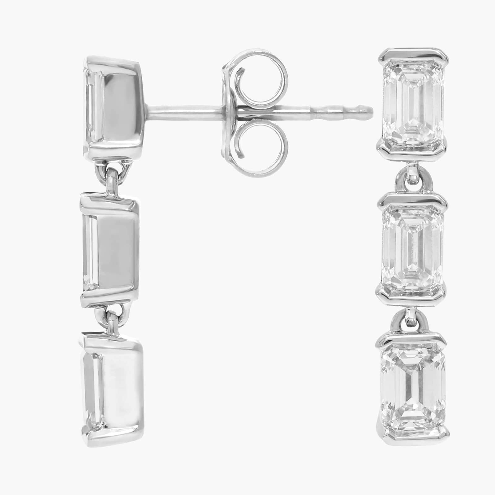 3 Stone Diamond Drop Earrings with 1.5 CTW Emerald Cut Lab-Grown Diamonds in 14K White Gold Bezel Setting