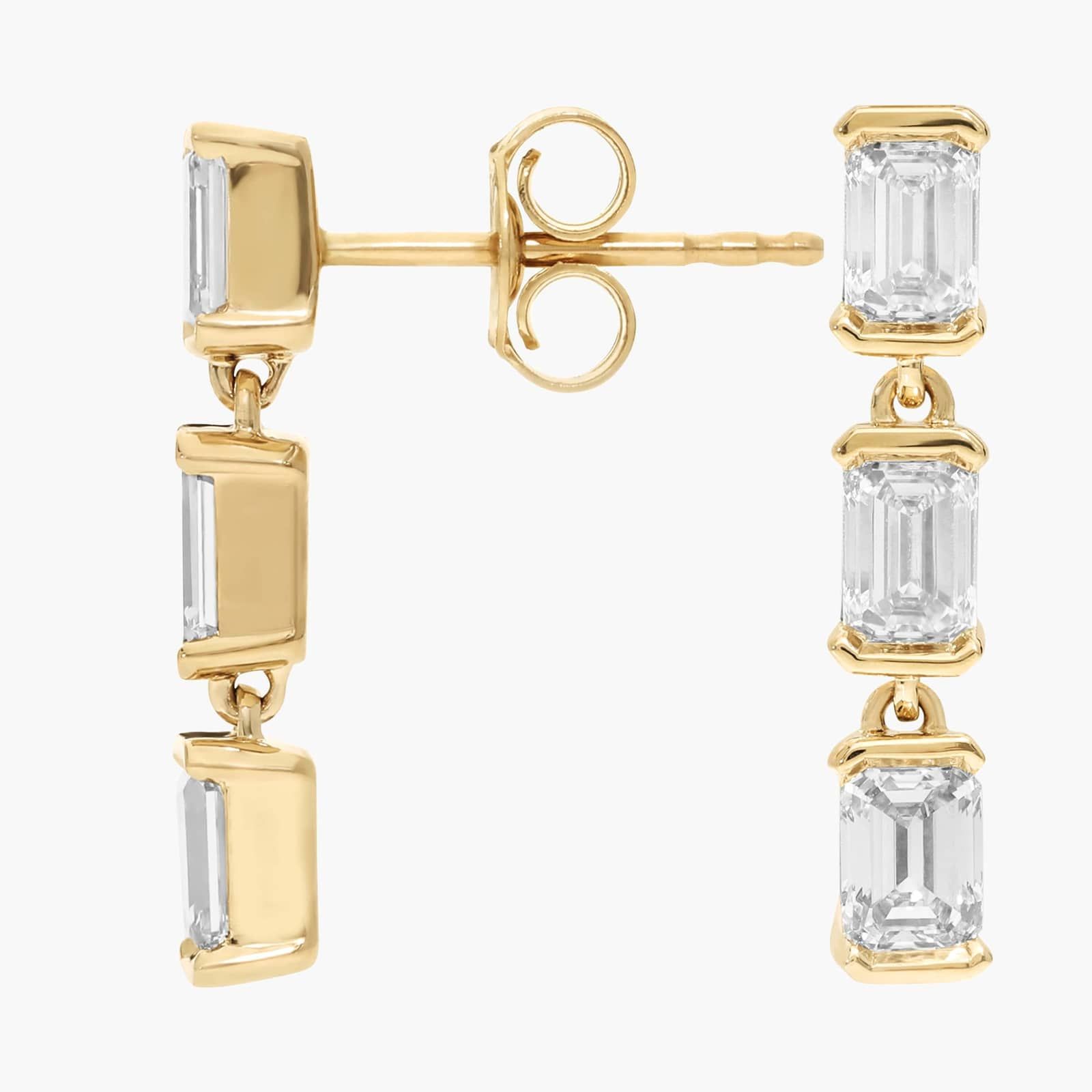3 Stone Diamond Drop Earrings with 1.5 CTW Emerald Cut Lab-Grown Diamonds in 14K Yellow Gold Bezel Setting