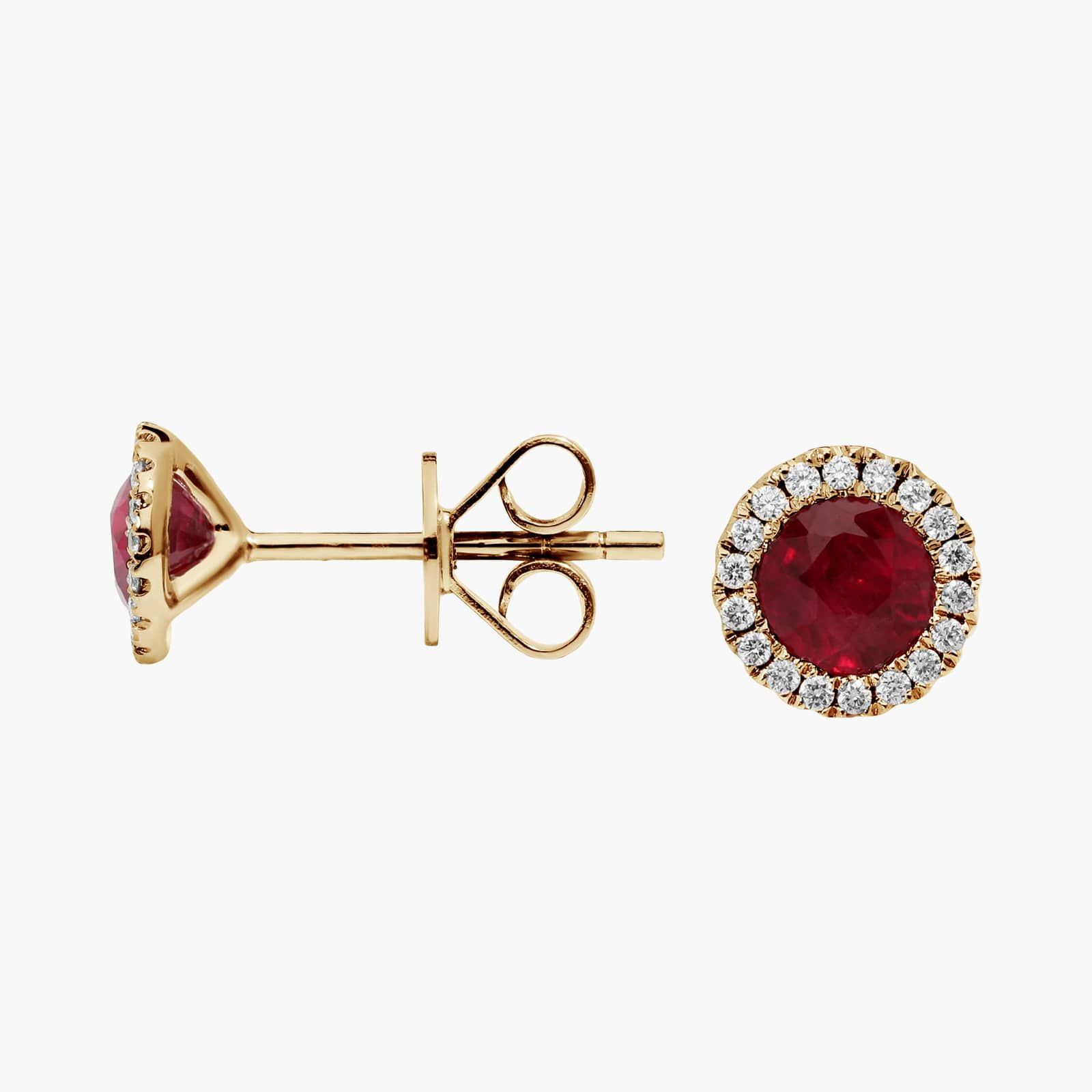 Ruby and Diamond Halo Earrings in 14K Yellow Gold