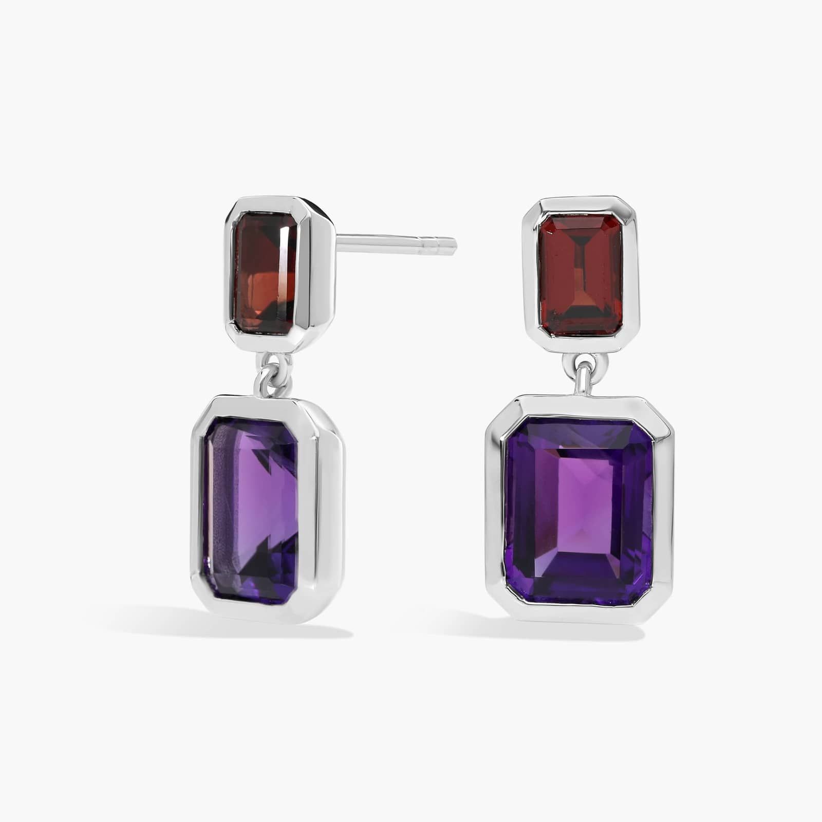 Emerald Cut Garnet and Amethyst Drop Earrings in Sterling Silver Bezel Setting