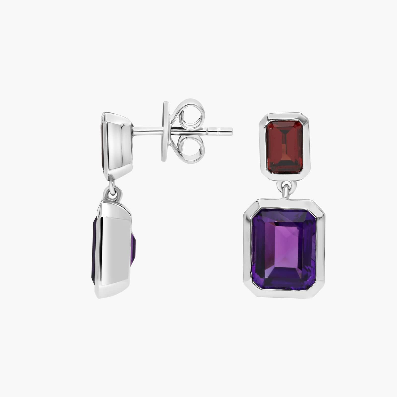 Emerald Cut Garnet and Amethyst Drop Earrings in Sterling Silver Bezel Setting