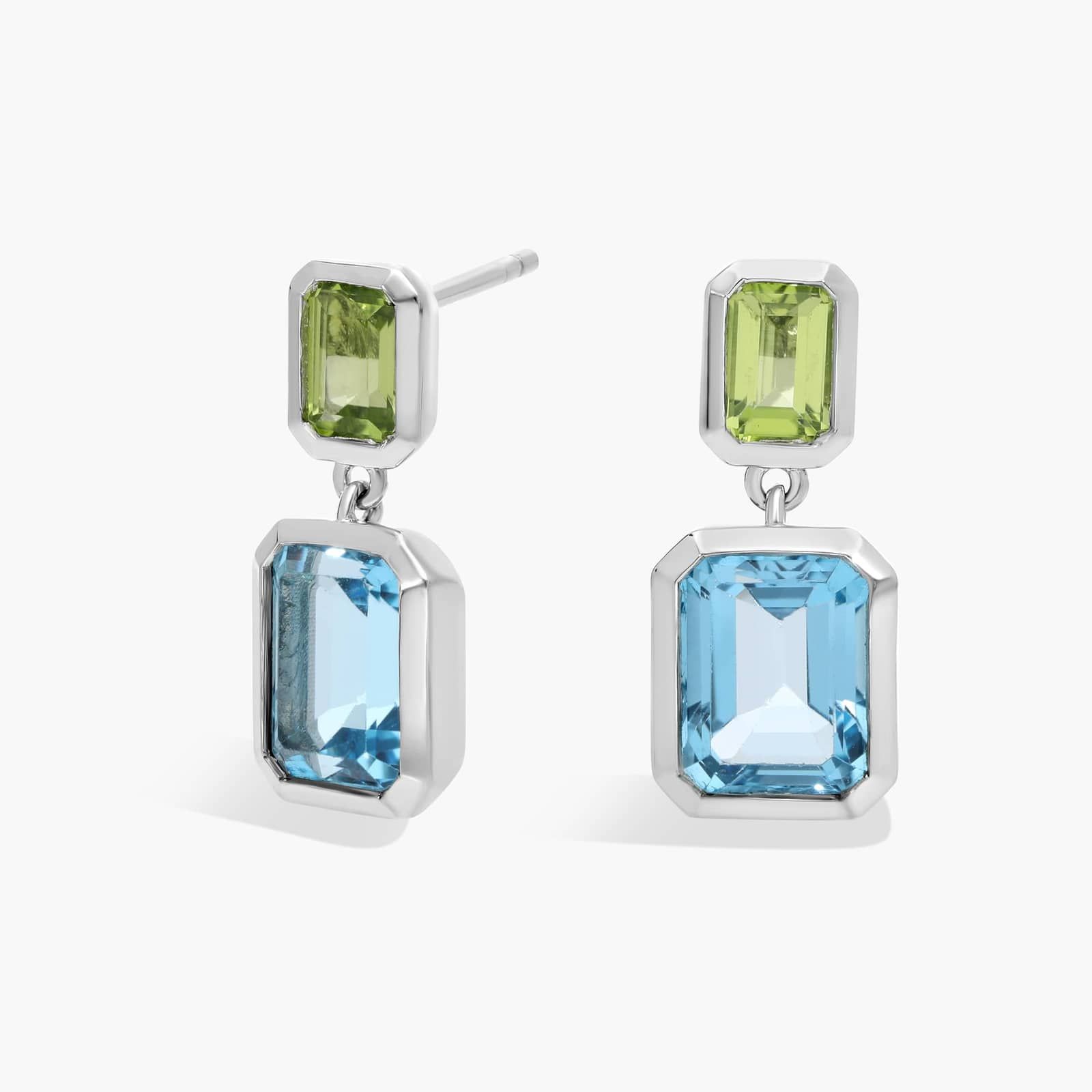 Emerald Cut Peridot and Blue Topaz Drop Earrings in Sterling Silver Bezel Setting