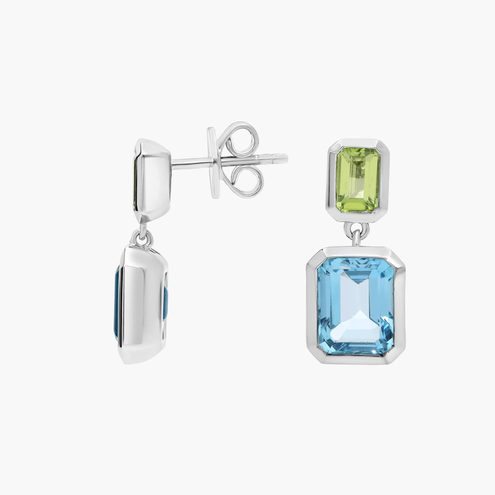 Emerald Cut Peridot and Blue Topaz Drop Earrings in Sterling Silver Bezel Setting