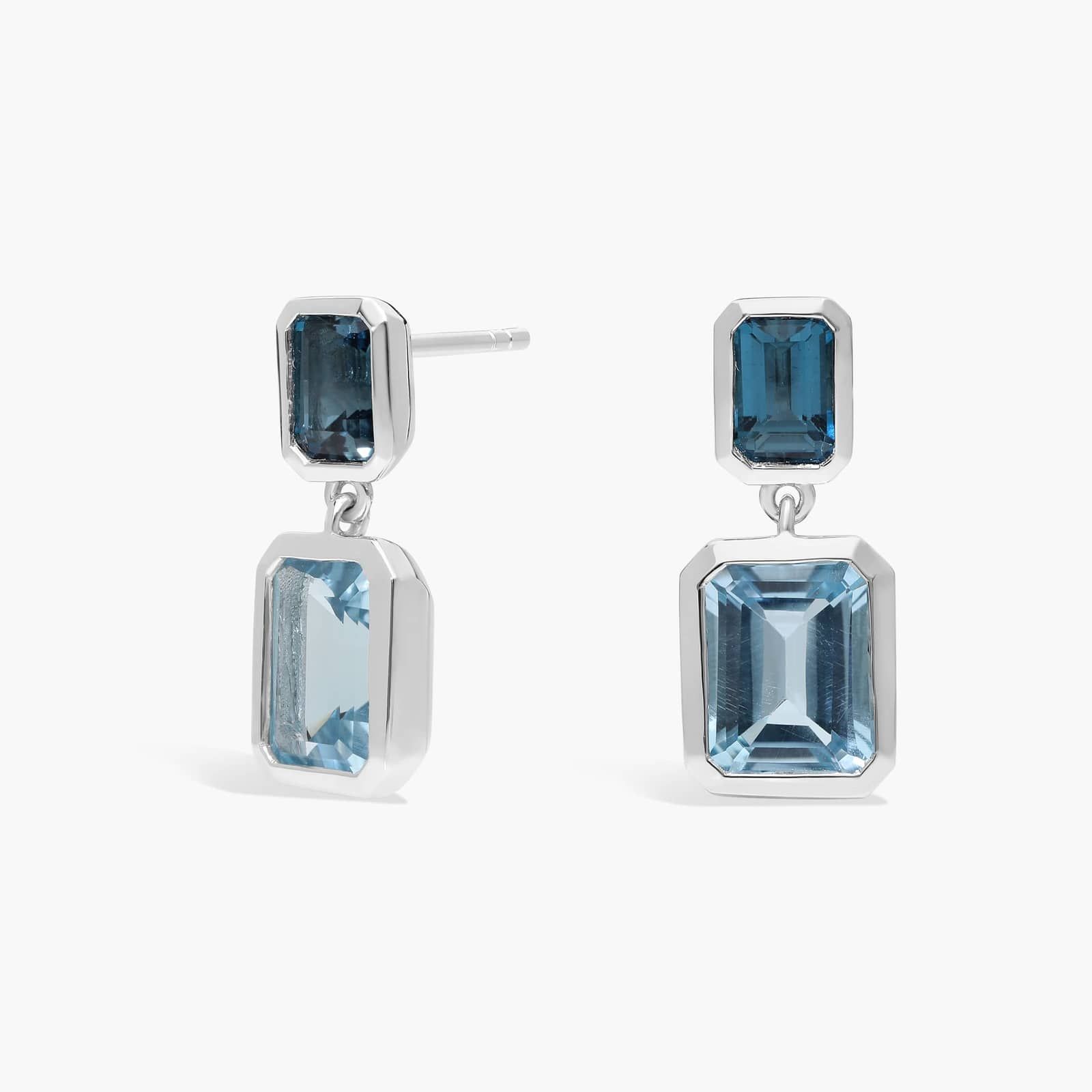 Emerald Cut London and Sky Blue Topaz Drop Earrings in Sterling Silver Bezel Setting