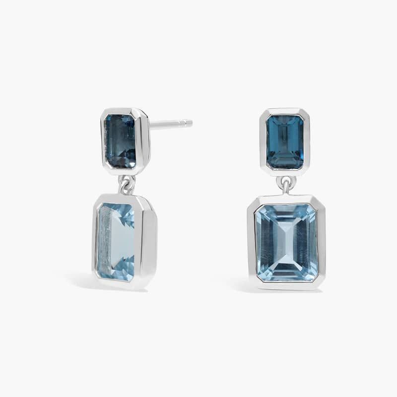 Emerald Cut London and Sky Blue Topaz Drop Earrings in Sterling Silver Bezel Setting
