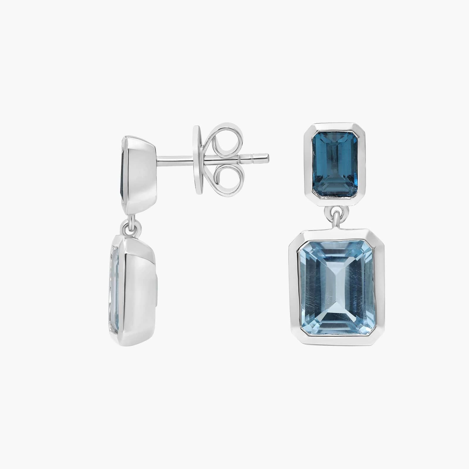 Emerald Cut London and Sky Blue Topaz Drop Earrings in Sterling Silver Bezel Setting