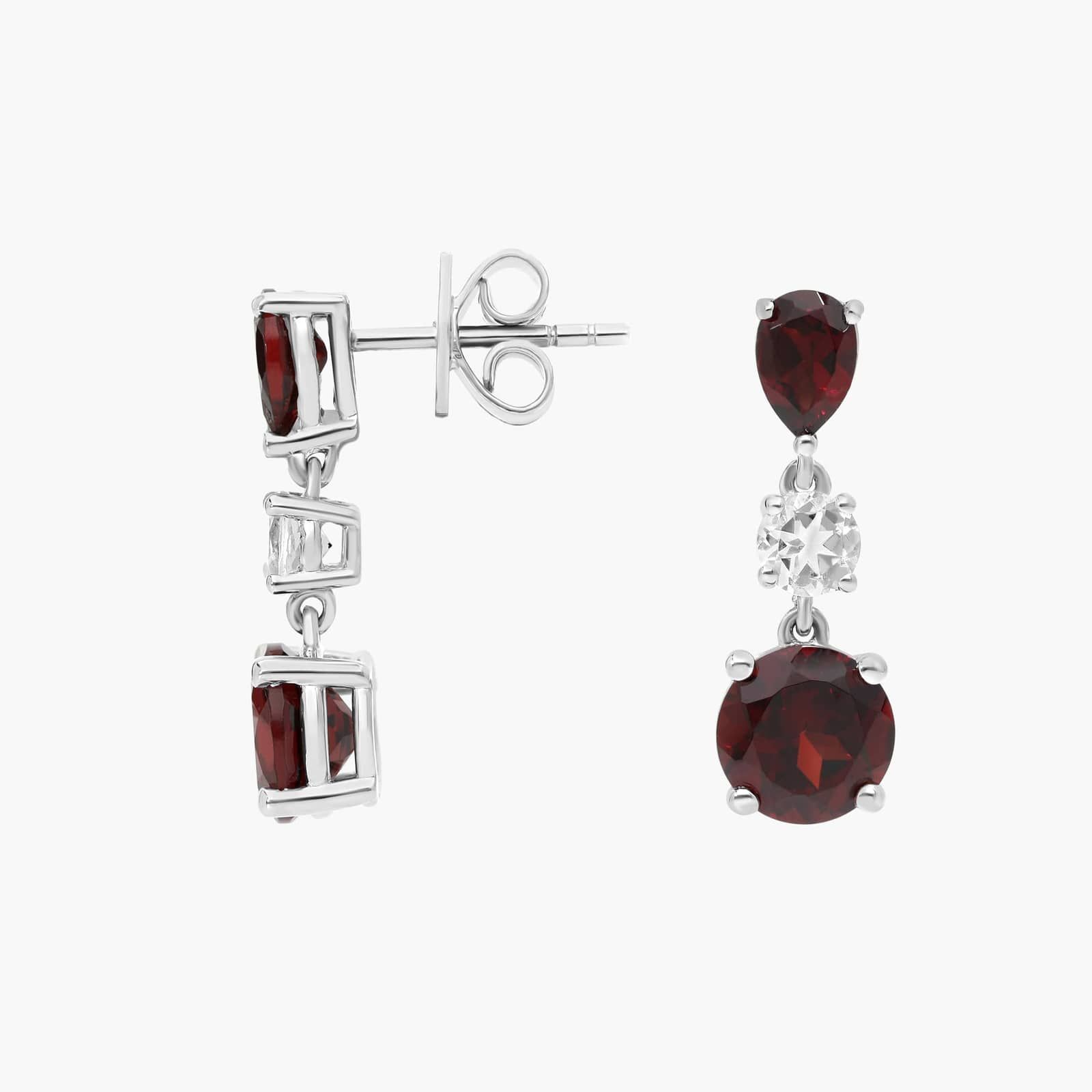 Garnet and White Topaz Drop Earrings in Sterling Silver