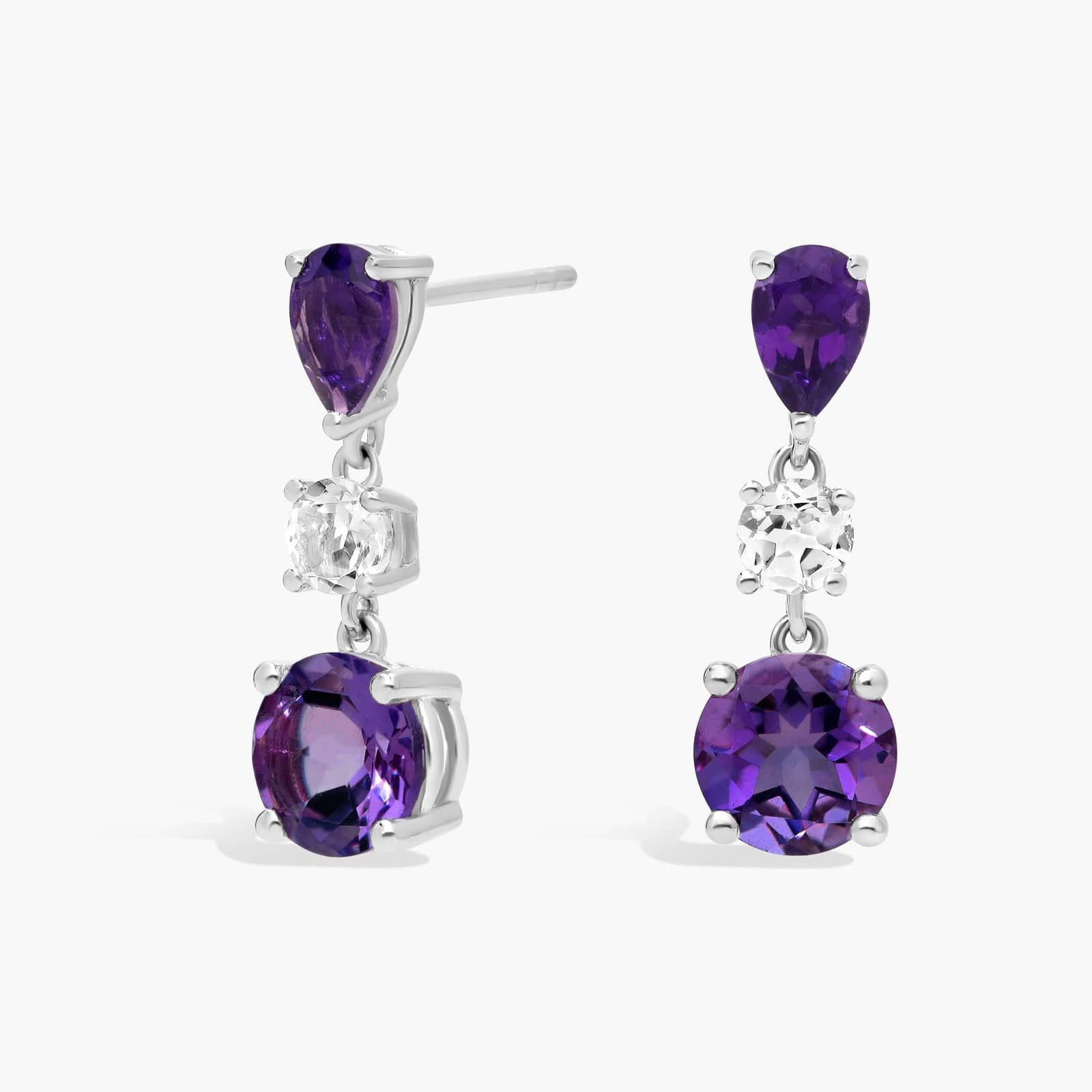 Amethyst and White Topaz Drop Earrings in Sterling Silver