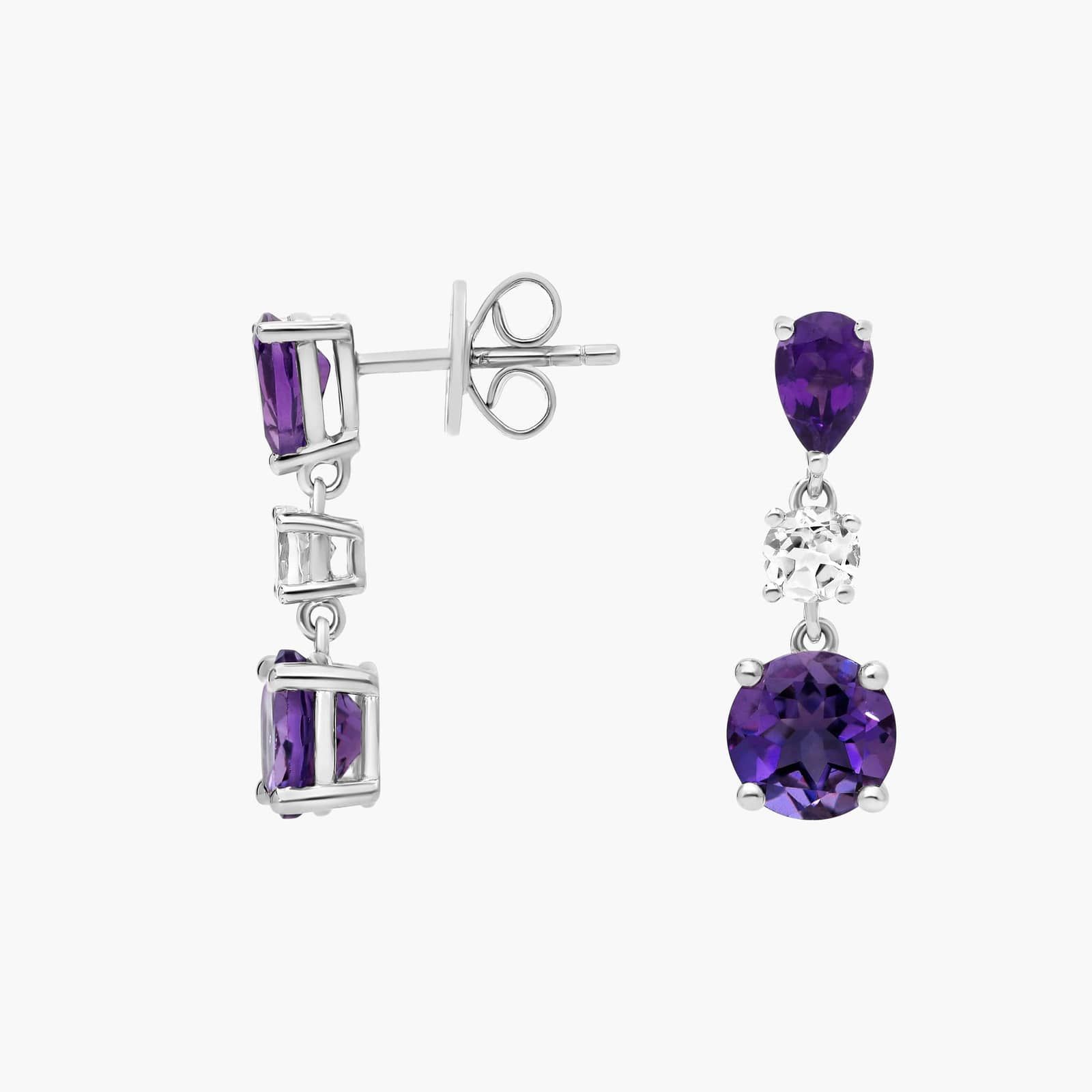 Amethyst and White Topaz Drop Earrings in Sterling Silver