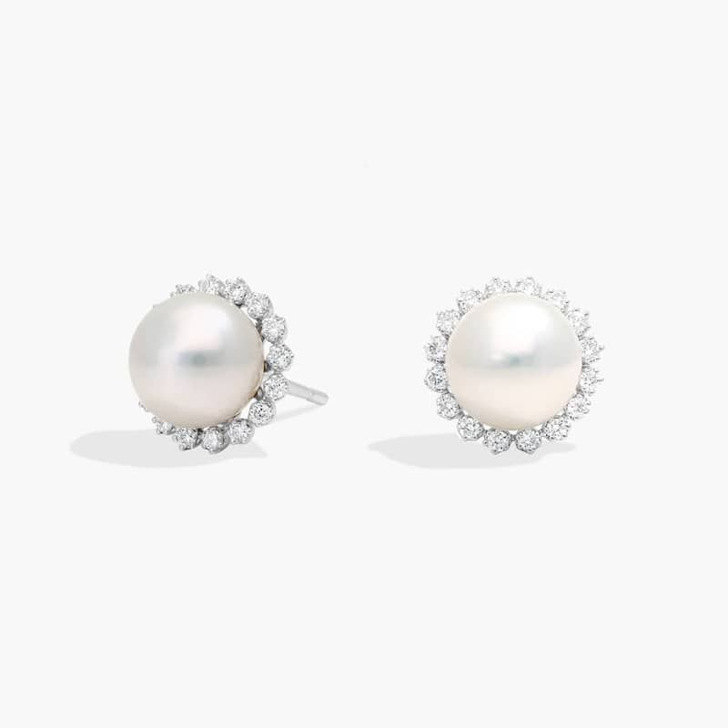 Pearl and Diamond Halo Stud Earrings in 14K White Gold