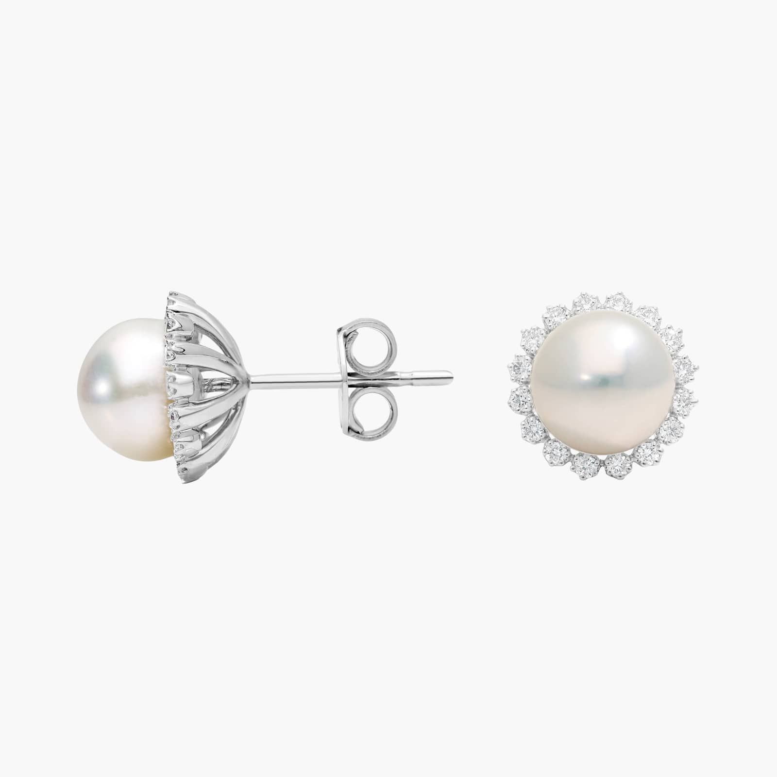 Pearl and Diamond Halo Stud Earrings in 14K White Gold