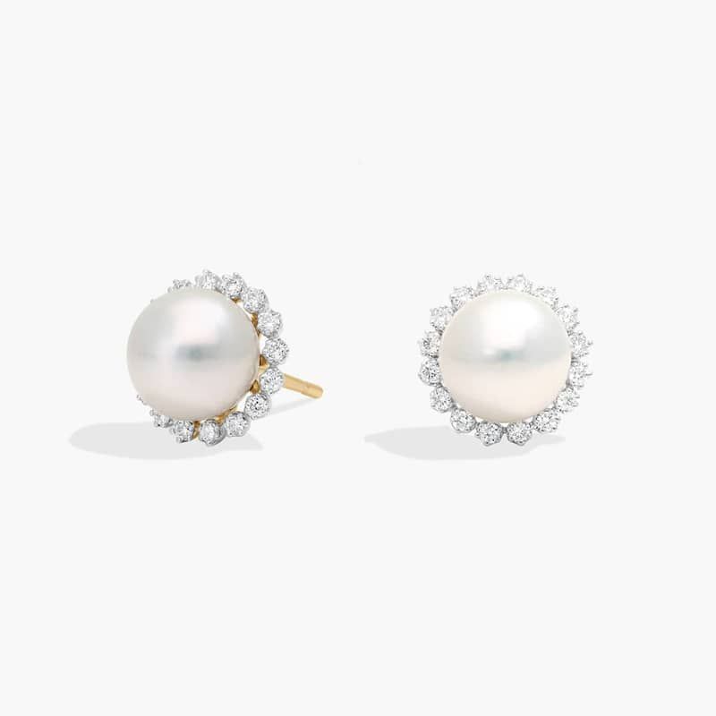 Pearl and Diamond Halo Stud Earrings in 14K Yellow Gold