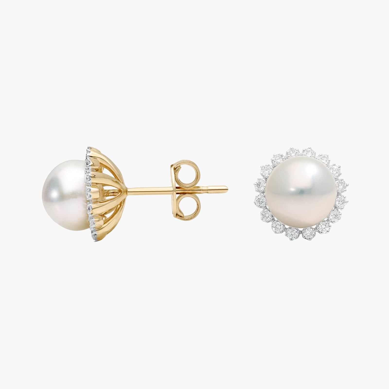 Pearl and Diamond Halo Stud Earrings in 14K Yellow Gold